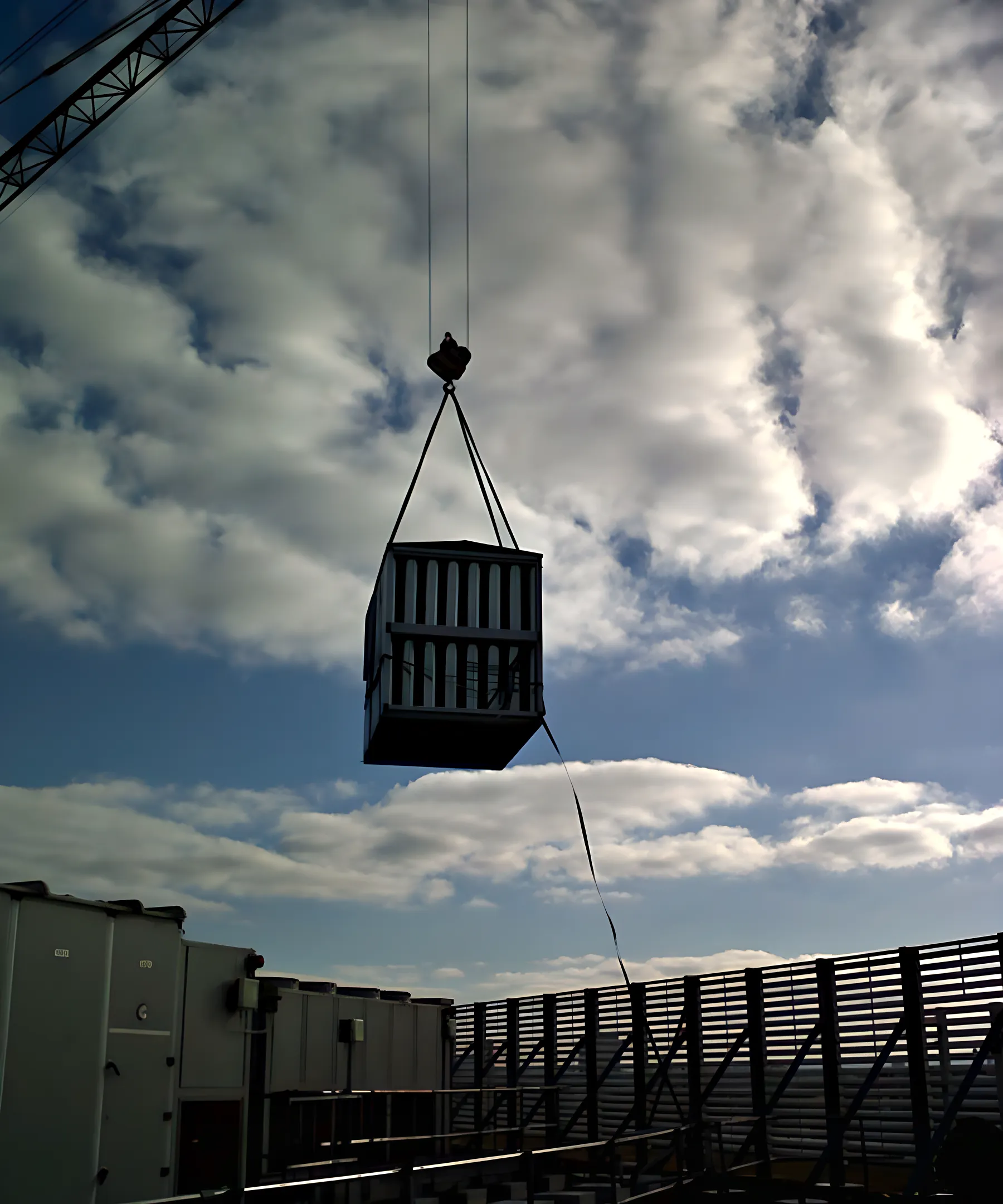 A replacement air handling unit on the hook, going onto a roof