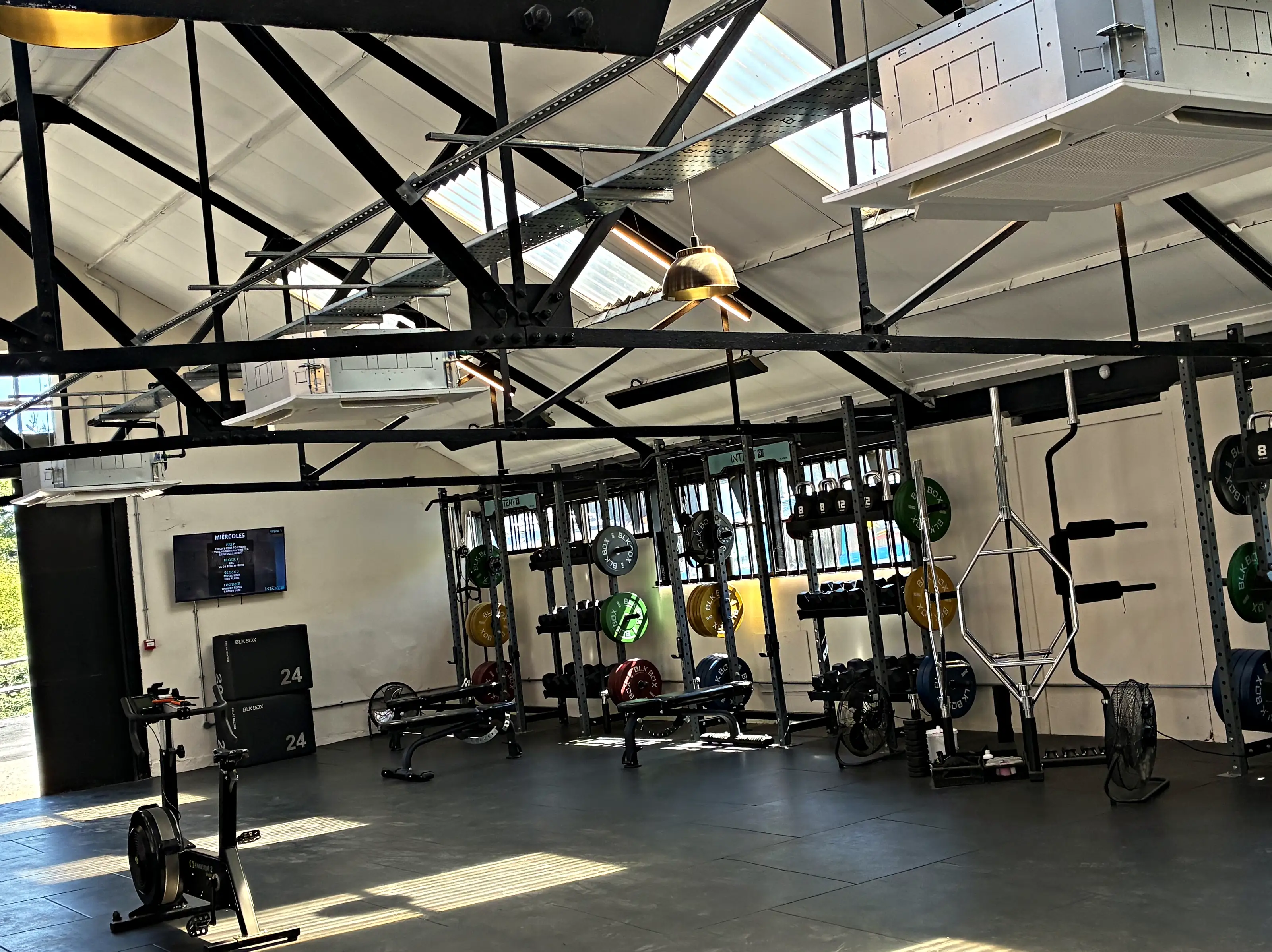 Ceiling cassettes hung from the steel roof trusses over the training floor of a commercial gym