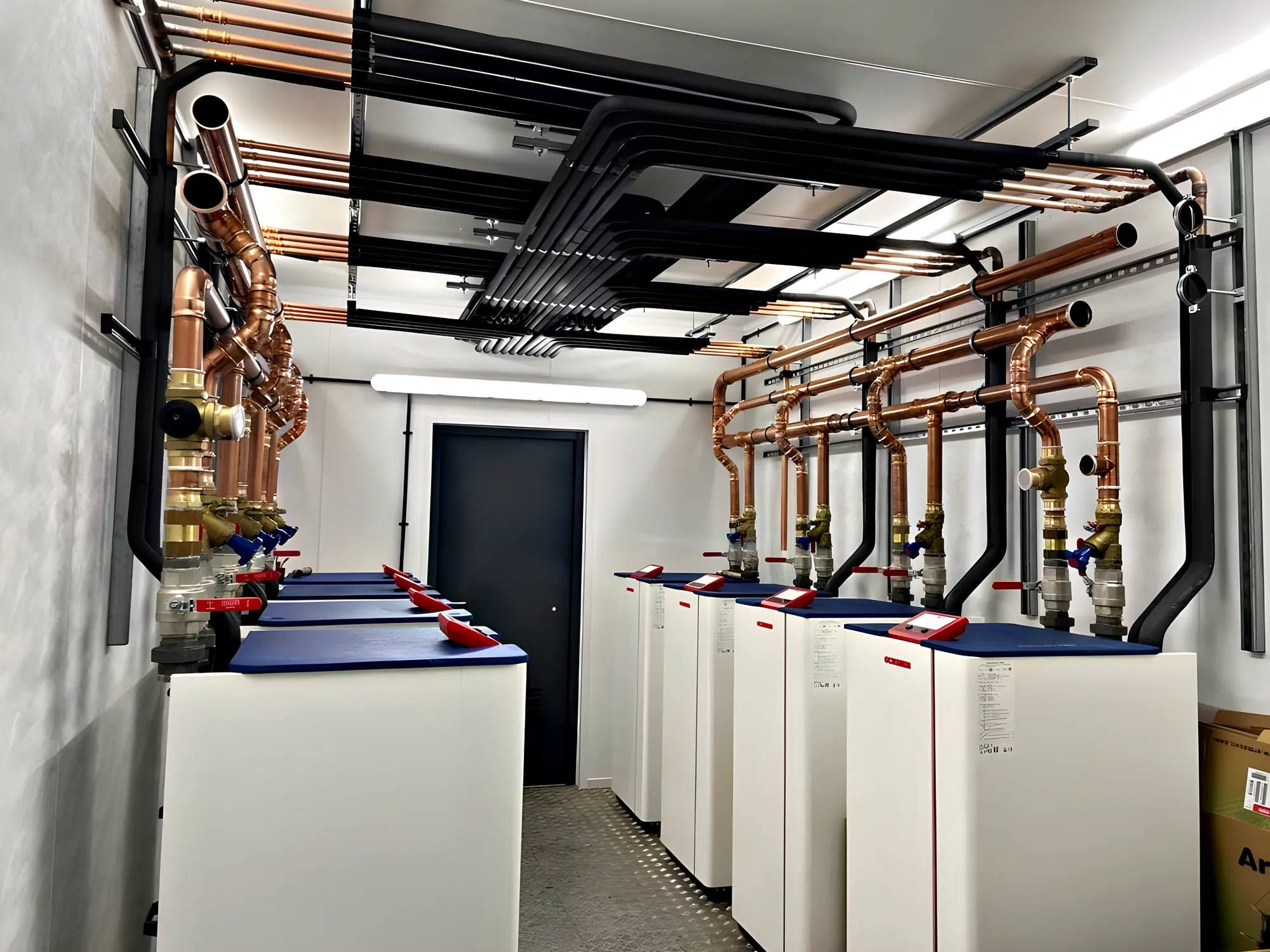 Copper manifolds and isolation valves in a commercial plant room