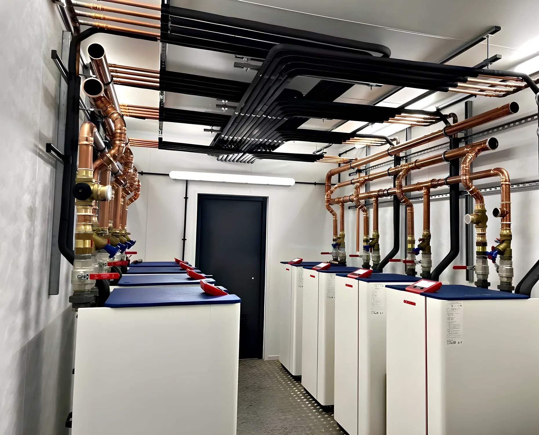 Copper headers and isolation valves above a row of units in a finished white plant room