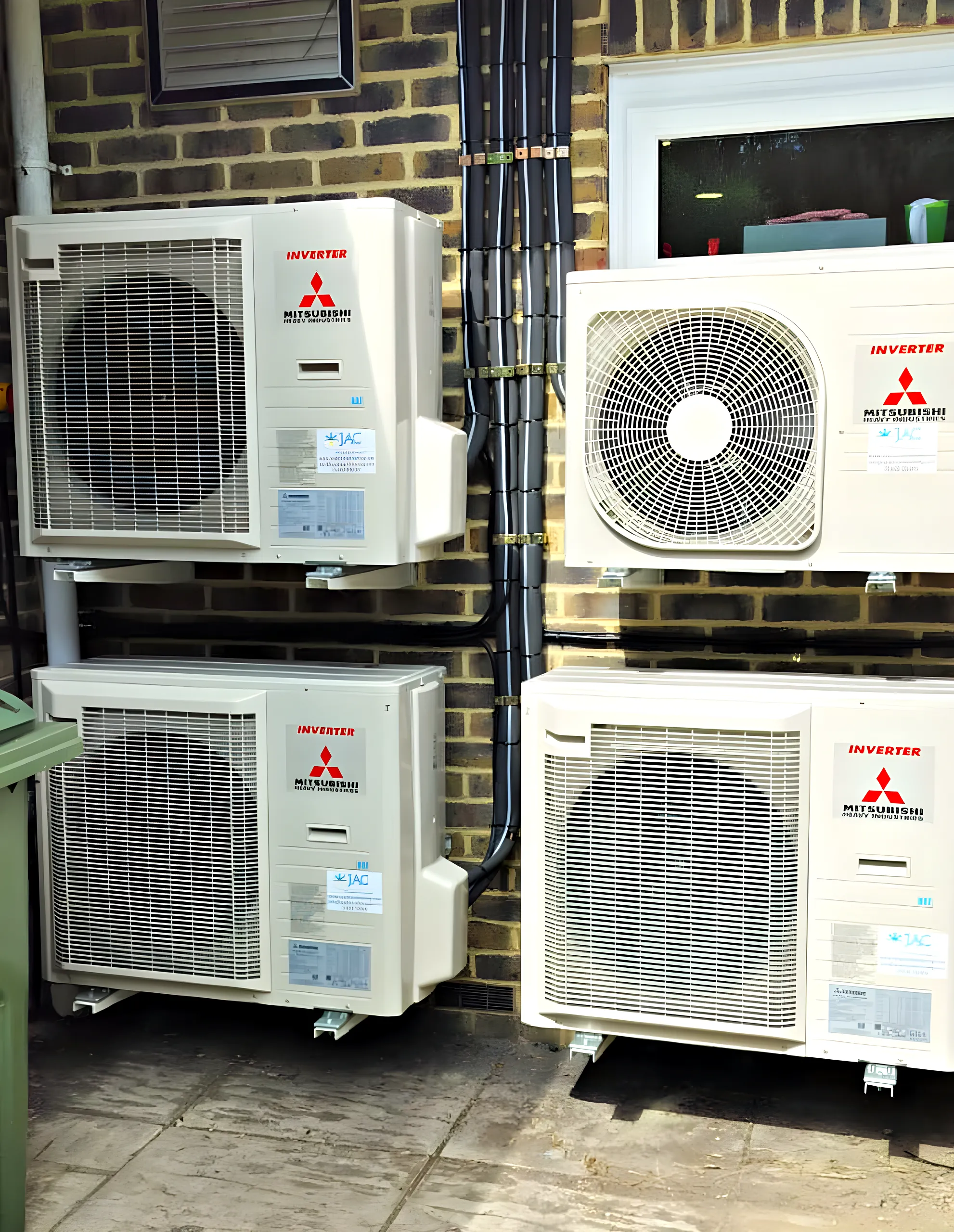 Outdoor units on a brick wall with their insulated pipework run neatly in trunking between them