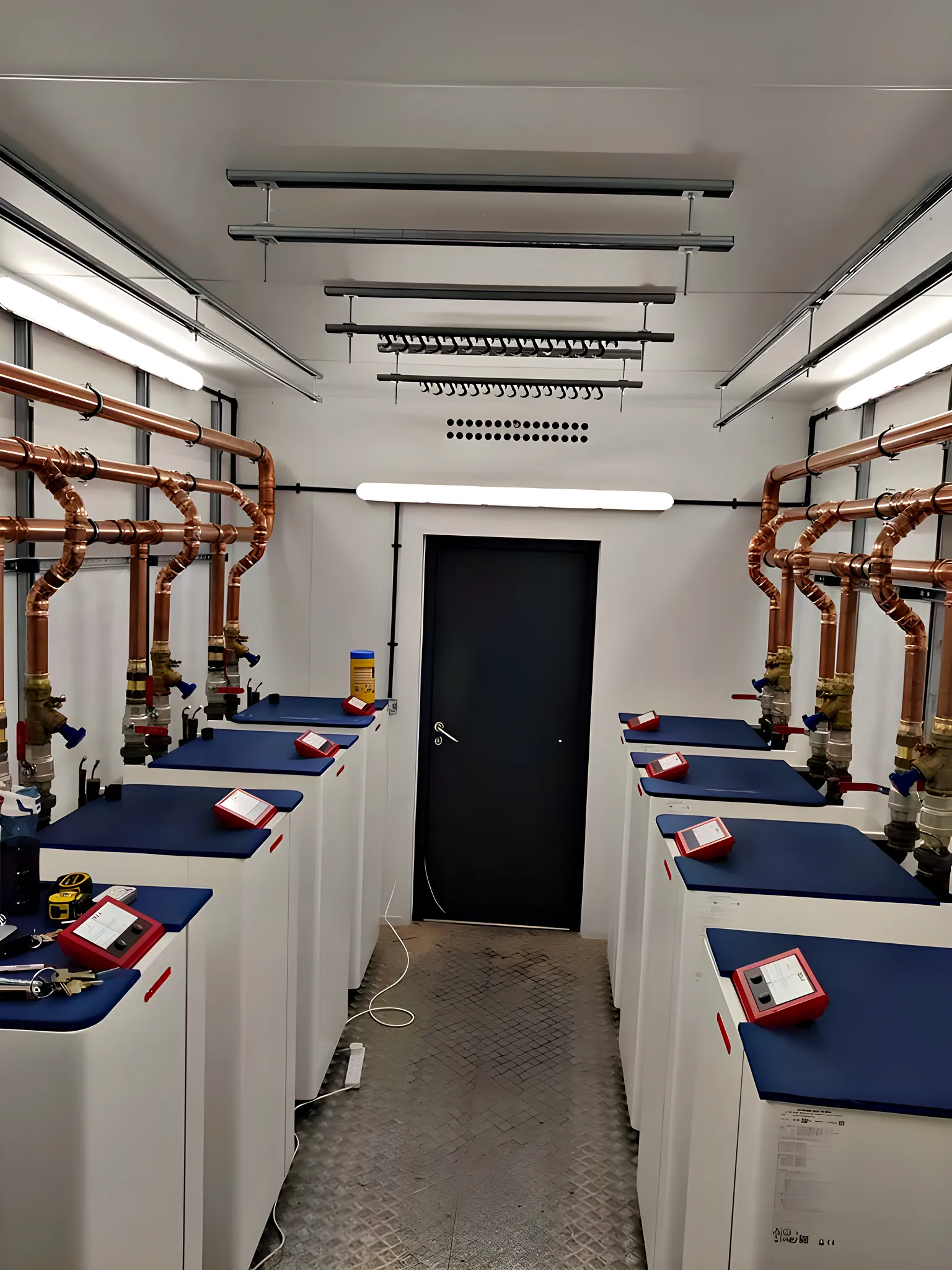 A plant room with copper headers and valves running down both sides to the door