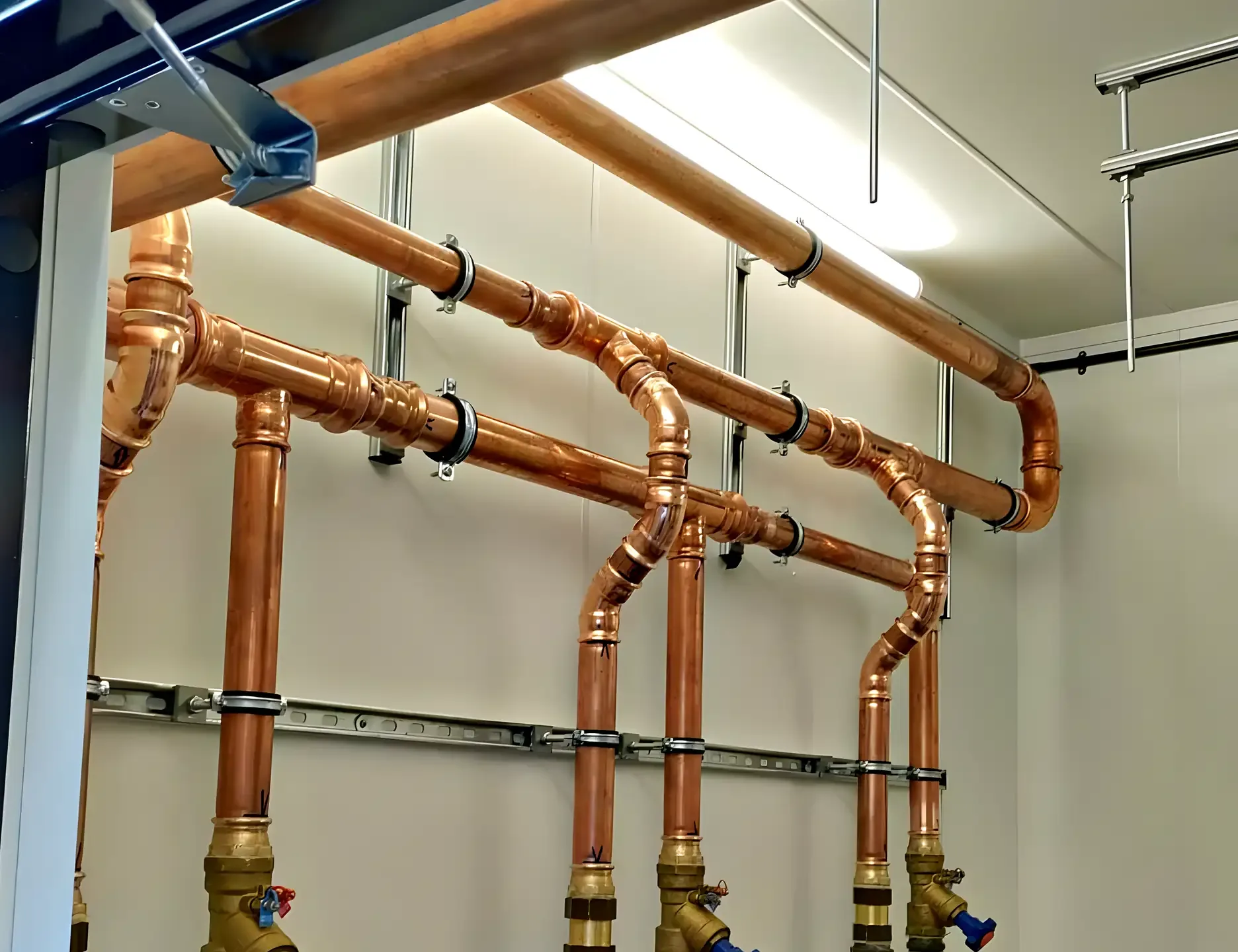 Copper pipework and isolation valves fixed along a plant room wall on steel brackets